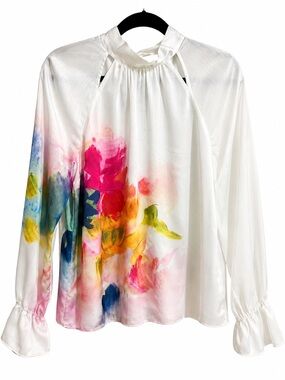 Ted Baker White Tie-Neck Blouse with Watercolor Floral Print